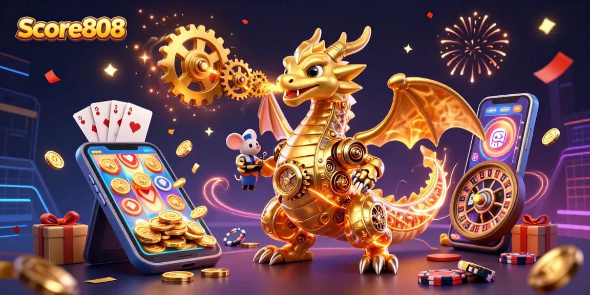 Score808 ignites excitement with a 3D dragon breathing gears, surrounded by casino elements.