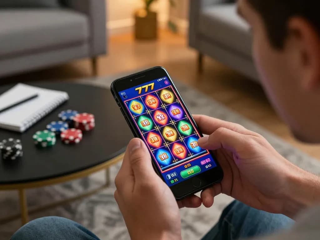 Pemain menikmati pengalaman bermain slot777 online di smartphone dengan visual yang menarik dan catatan strategis.