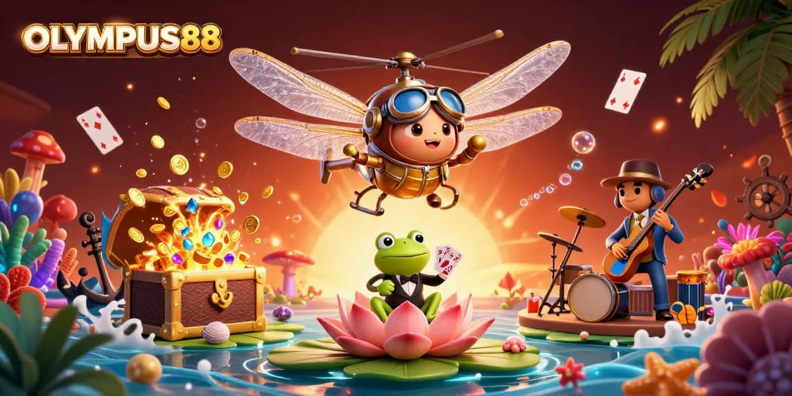 OLYMPUS88 menyajikan suasana kasino dengan dealer katak dan pesawat naga terbang.