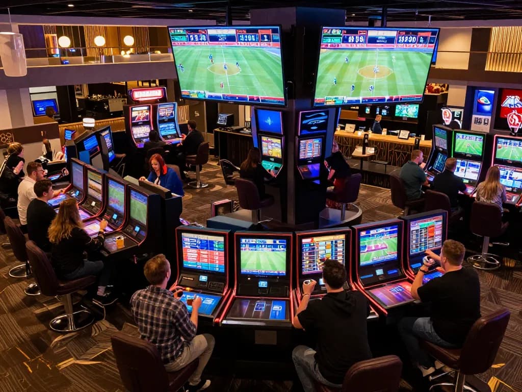 Players engaging in sports betting at TA88, with vibrant screens displaying odds and live events
