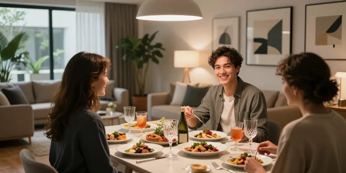 Momen acara makan malam mewah di rumah dengan LUXURY12 Daftar, pasangan muda menyajikan hidangan gourmet di meja makan elegan.