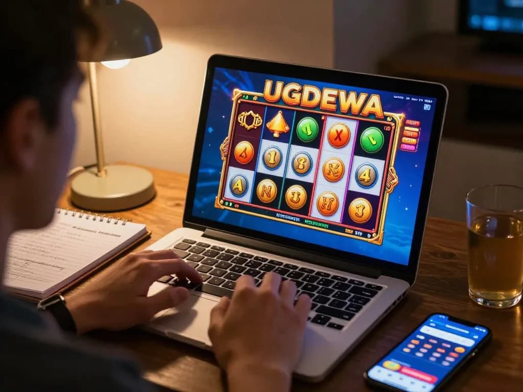 Engaged player enjoying UGDEWA slot game on laptop, showcasing vibrant online experience.