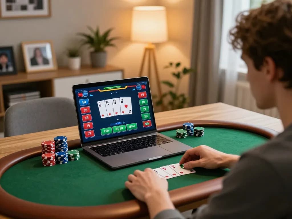LIGALGO player enjoying a strategic poker session on their laptop at home.