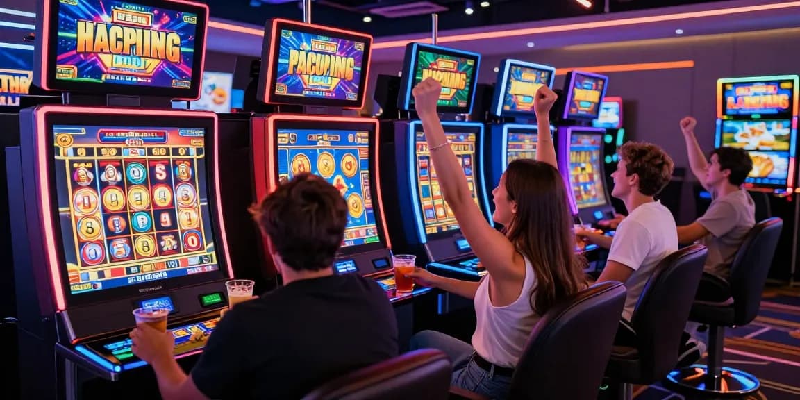 Excited players celebrating a big win at a vibrant online slot machine in a modern casino setting.