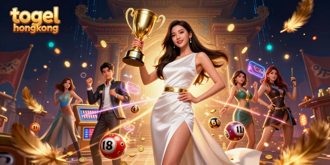 Experience the excitement of togel hongkong with a victorious Asian woman holding a trophy amidst vibrant lottery elements.