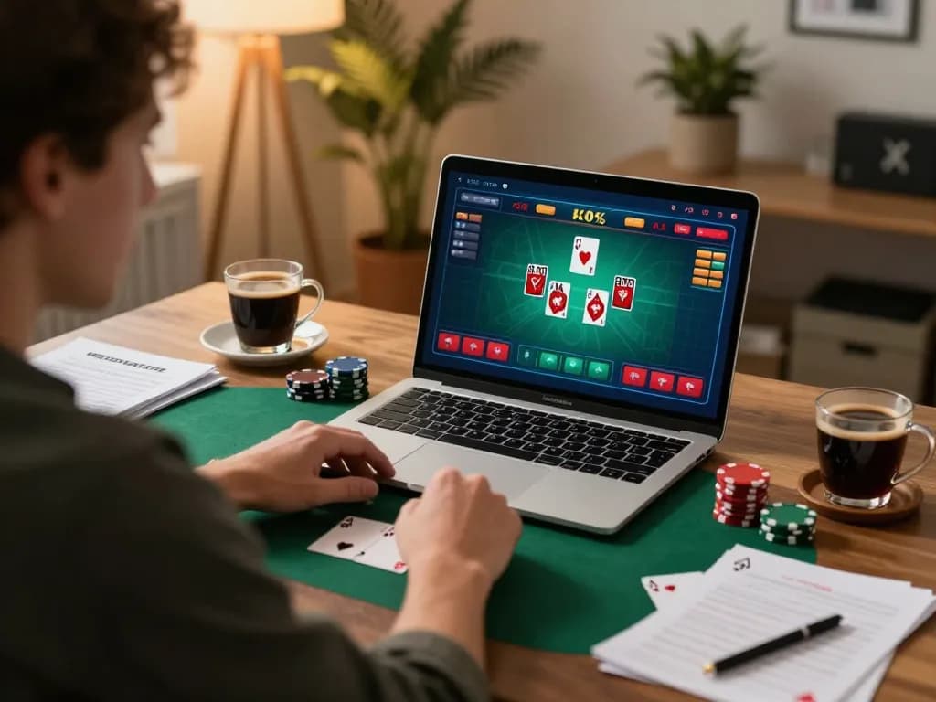 Player enjoying online poker at nhà cái vmax in cozy home setup