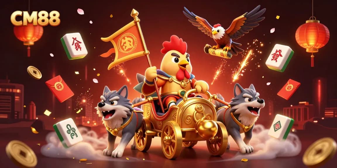 CM88 offers an exciting experience with a dynamic 3D casino-themed illustration featuring a rooster warlord and gold