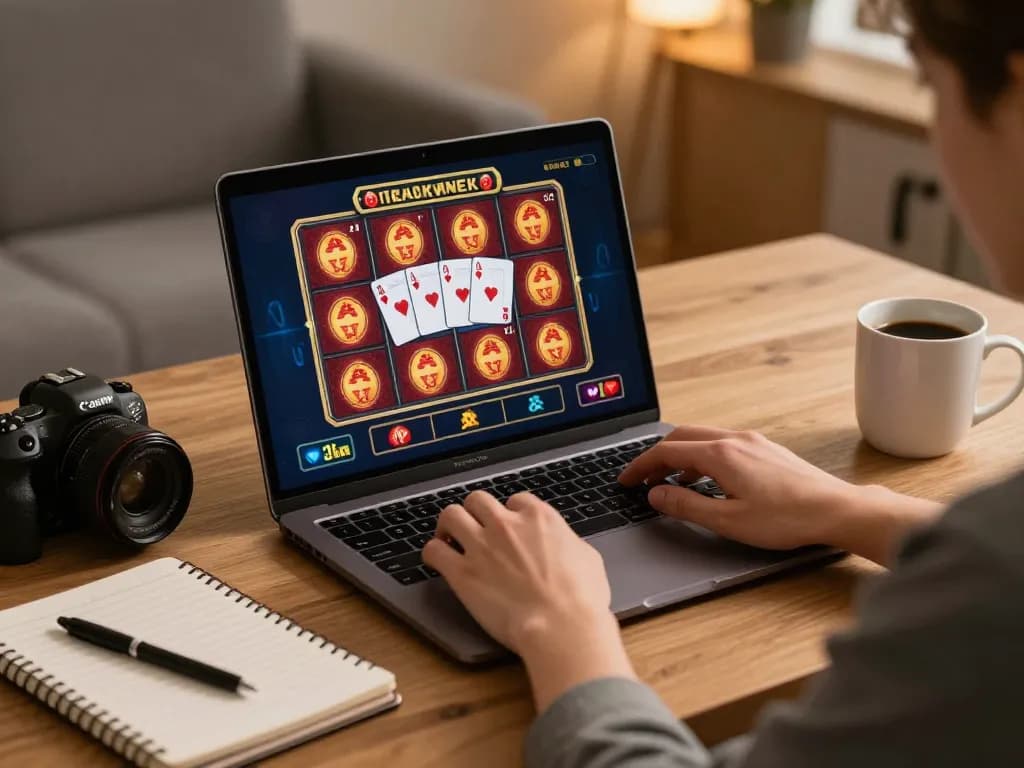 Player enjoying situs slot action on laptop in comfortable home office, warm atmosphere with gaming setup.