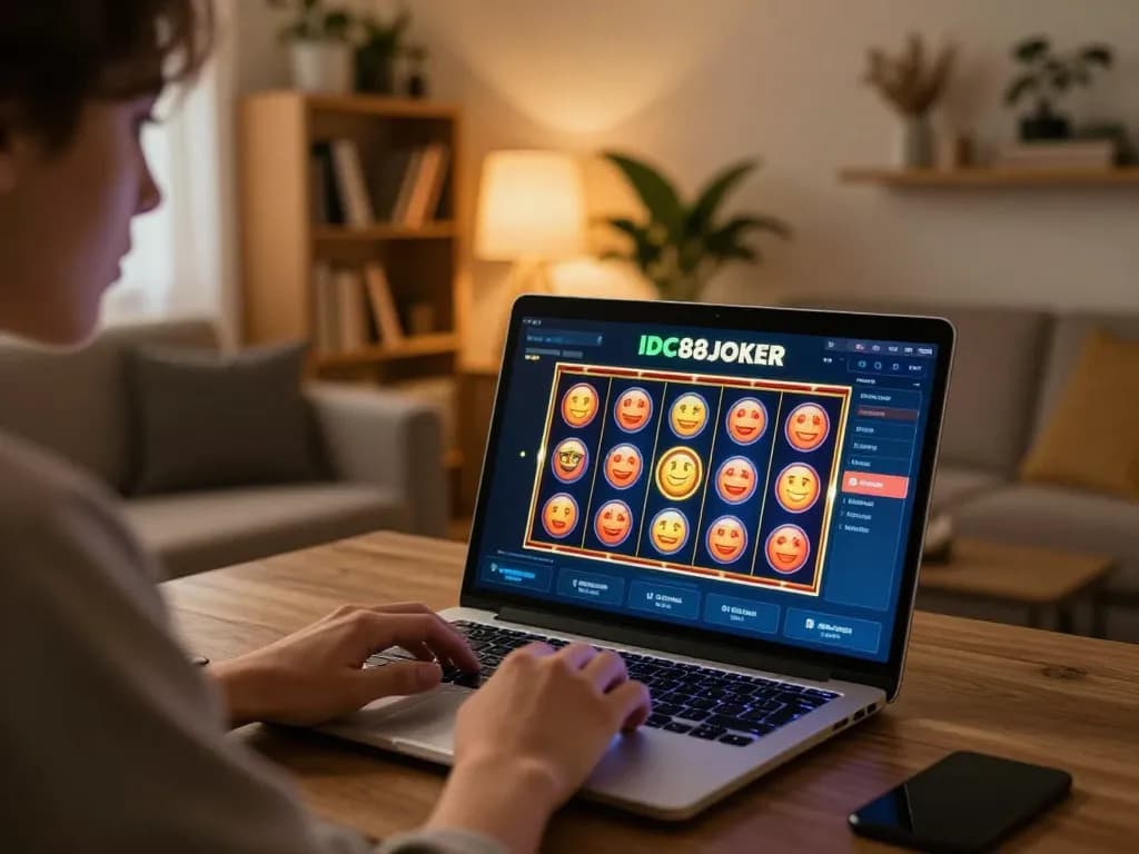 Engaged player spins reels on IDC88JOKER online casino from cozy home setting.