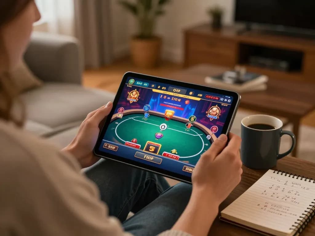Engaging in online casino gaming at trang chủ fly88 on a cozy home setup with vibrant poker interface