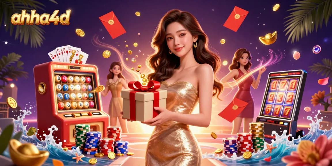 A delightful casino scene featuring ahha4d with an Asian woman, lucky number balls, and sparkling casino elements.