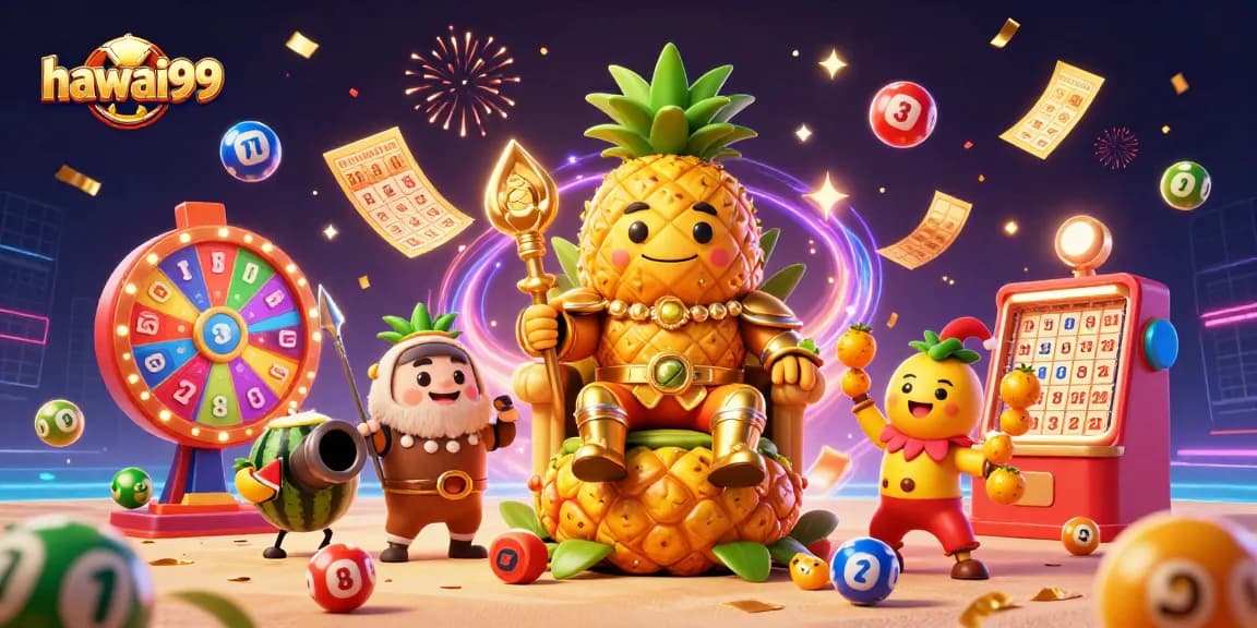 Engage with hawai99's vibrant casino themes featuring colorful lottery balls and interactive characters.