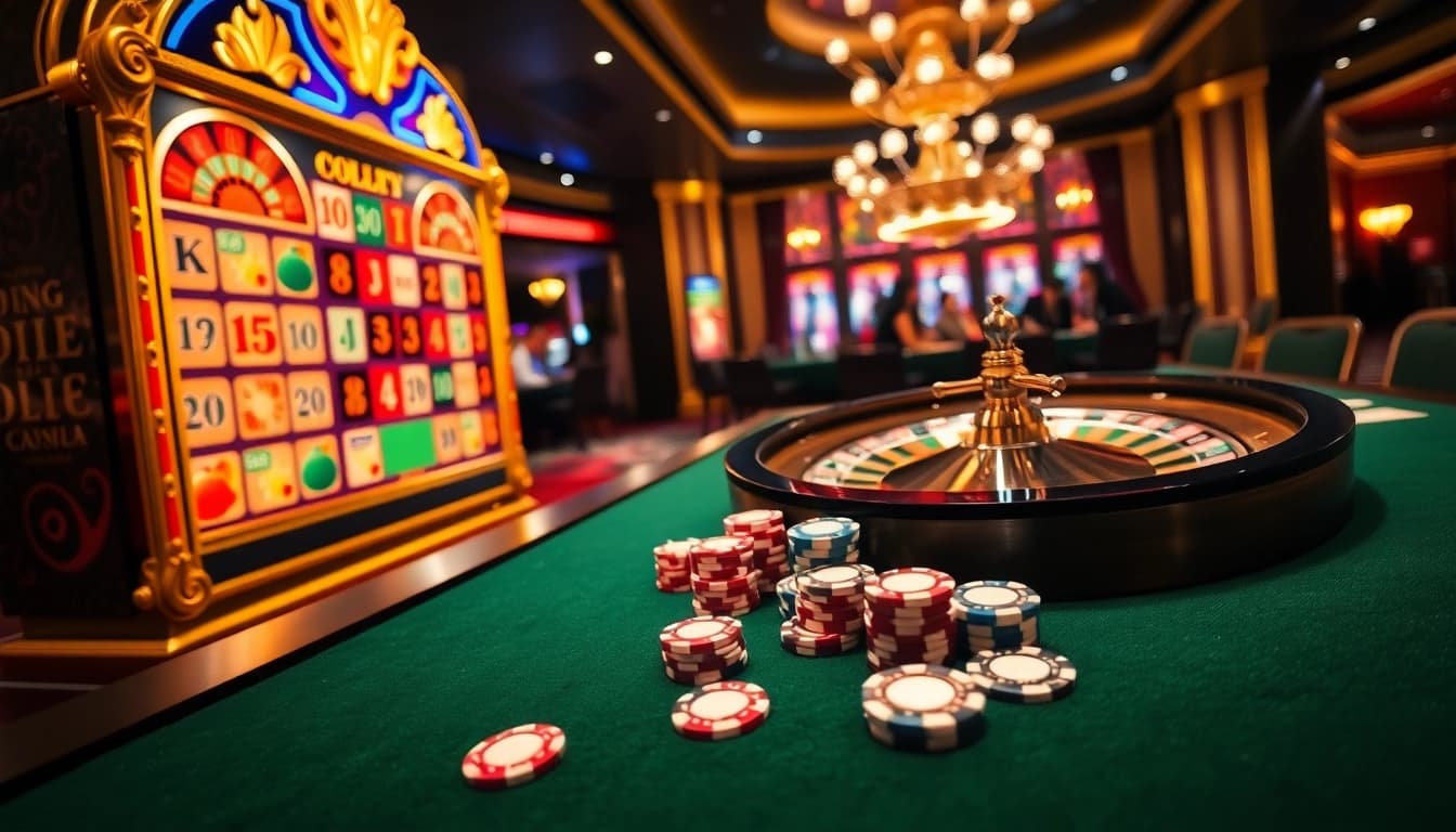 Para pemain menikmati momen yang mendebarkan di kasino emastoto, berinteraksi dengan mesin slot yang hidup dan chip poker.