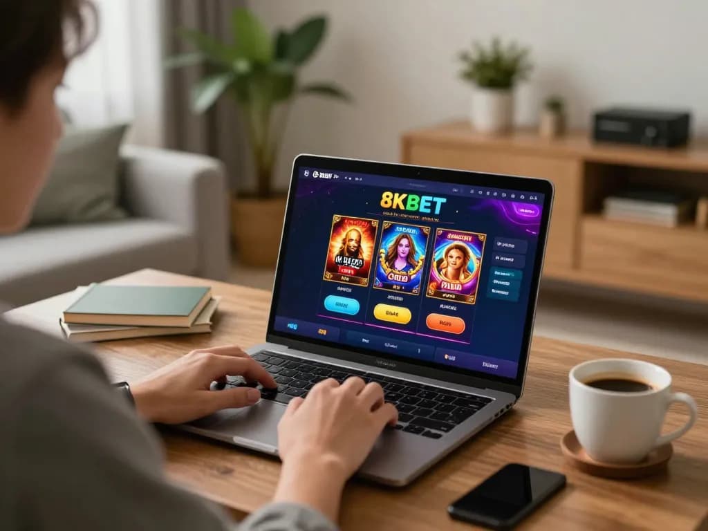 Engaging in 8KBET online casino games at home with a cozy setup.