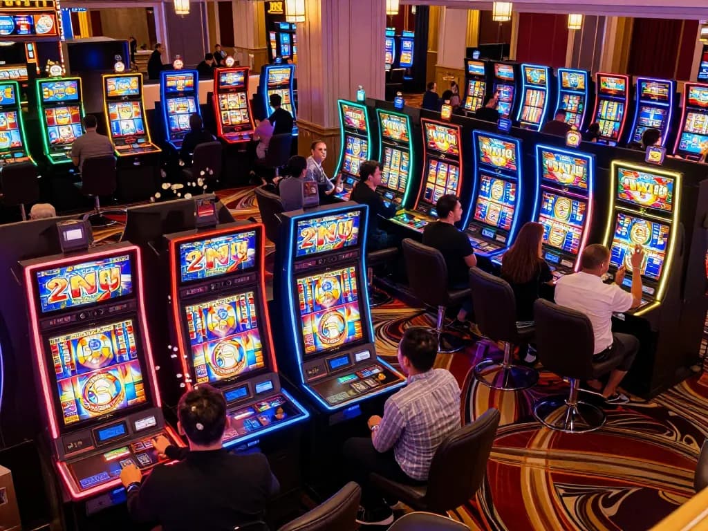 Players celebrating nổ hũ wins at colorful slot machines in a vibrant casino environment.