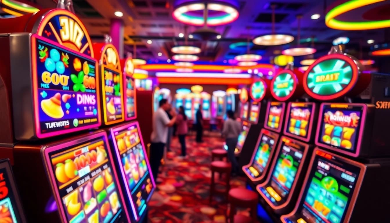 Slot mesin kasino yang cerah dan penuh warna menarik perhatian para pemain yang antusias.