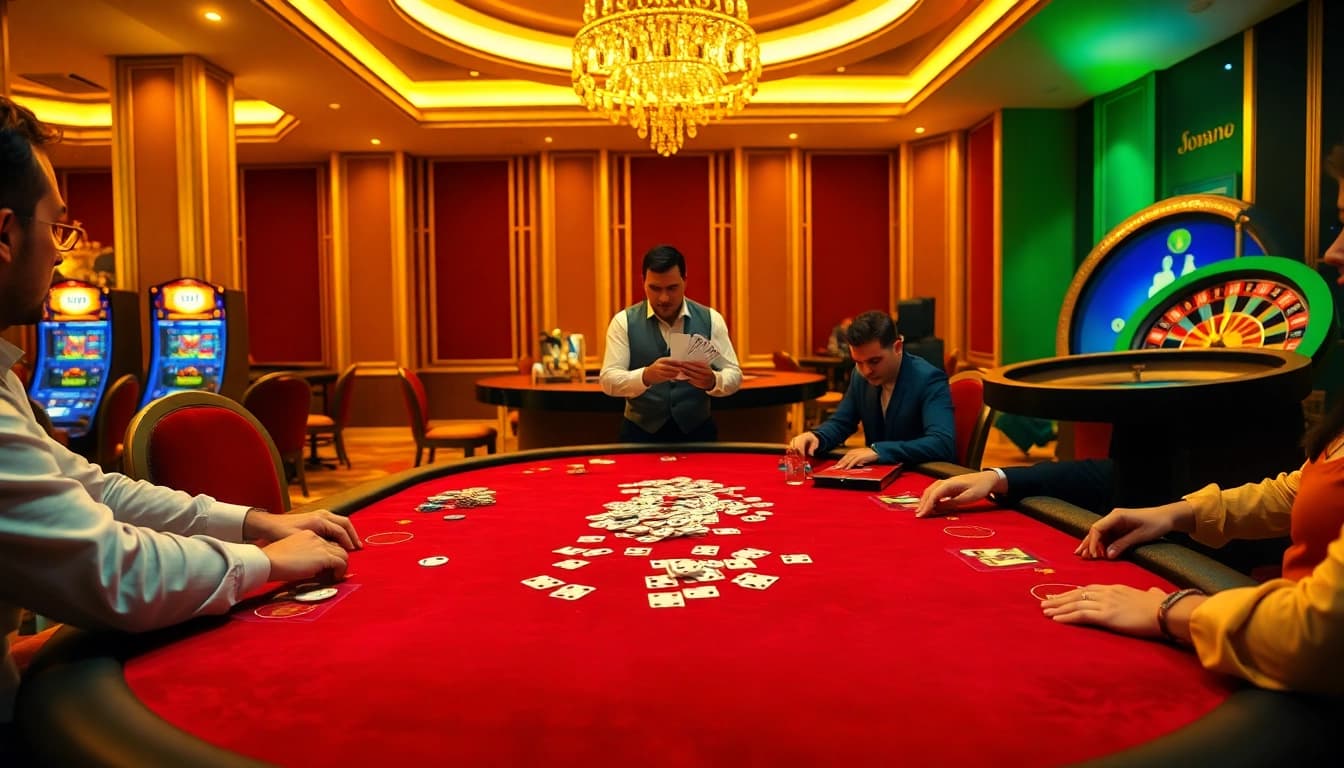 Engaged players enjoying Dominoqiu at a lively poker table in a vibrant casino setting.