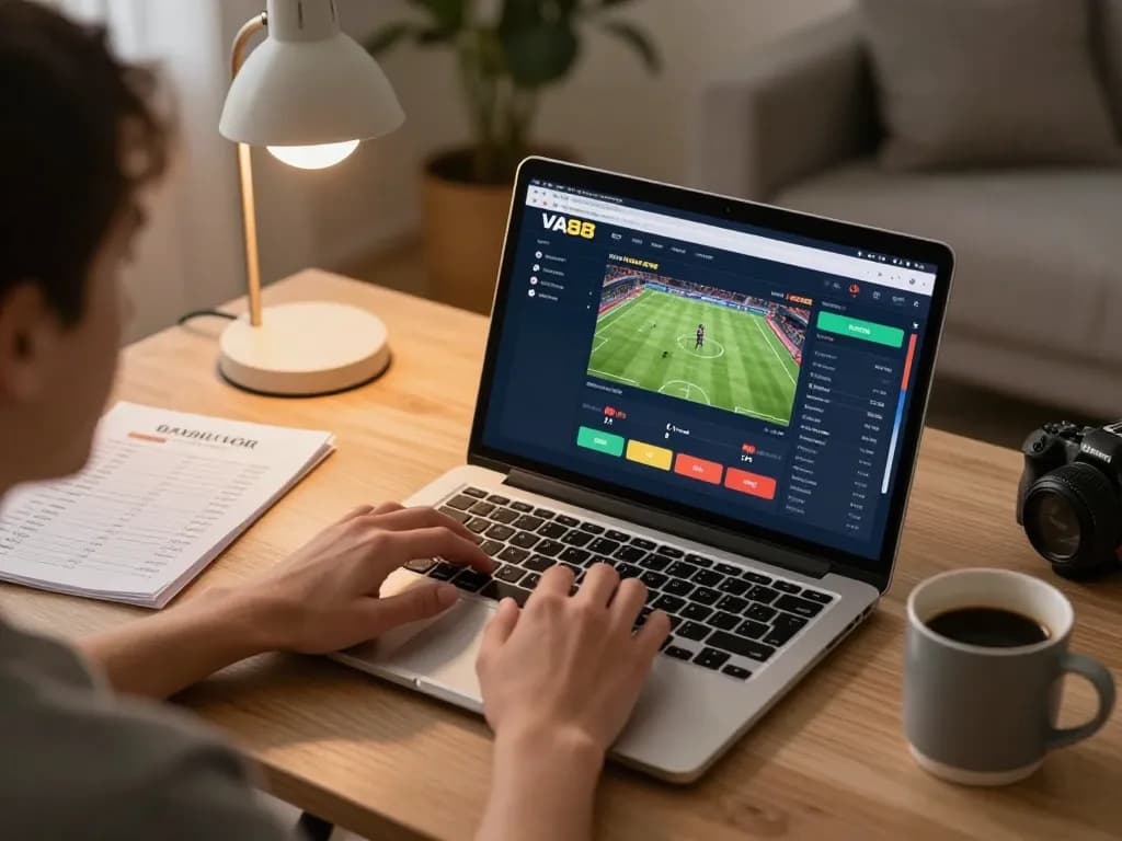Engaging in sports betting on the VA88 platform at a cozy home setup, showcasing strategy and responsible gaming