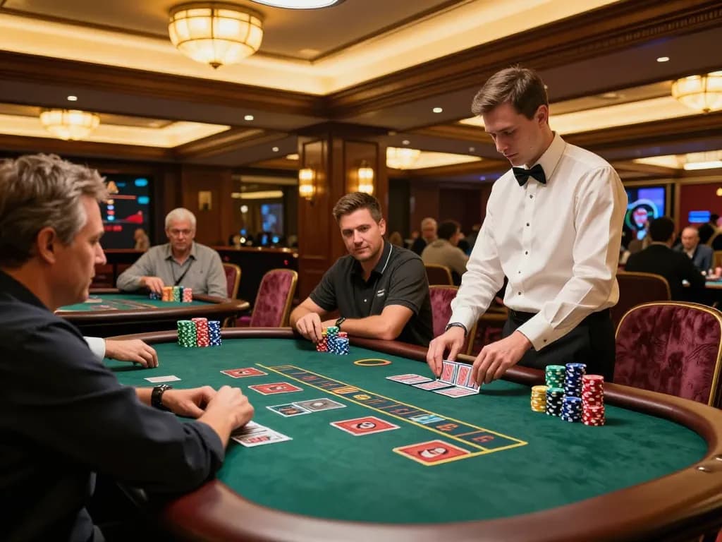 Engaging gameplay at LGOGOAL blackjack table with colorful chips and dynamic dealer.