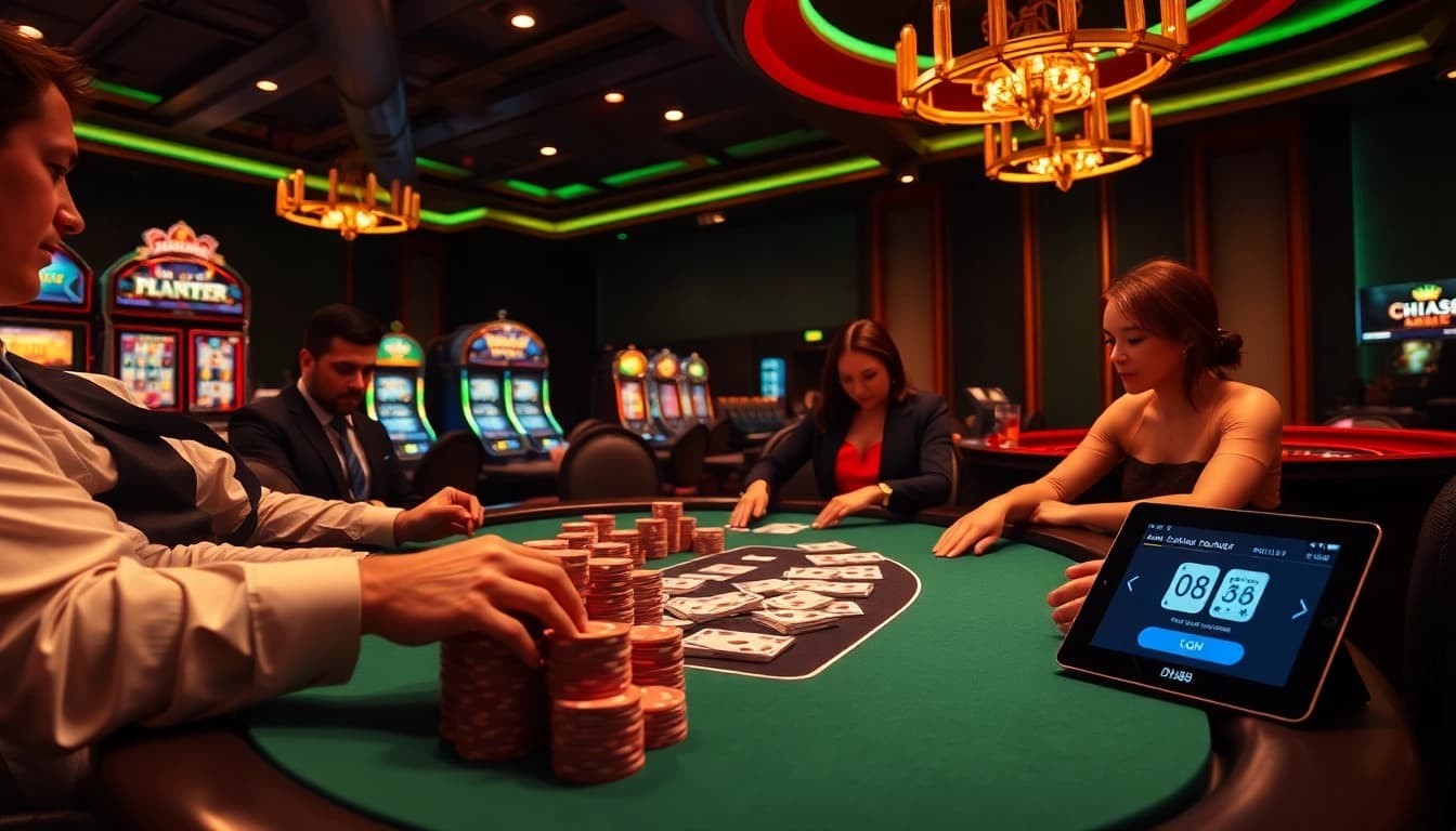 Engaging gameplay scene focusing on Đăng nhập DH88, highlighting poker and slot machines in a luxurious casino.