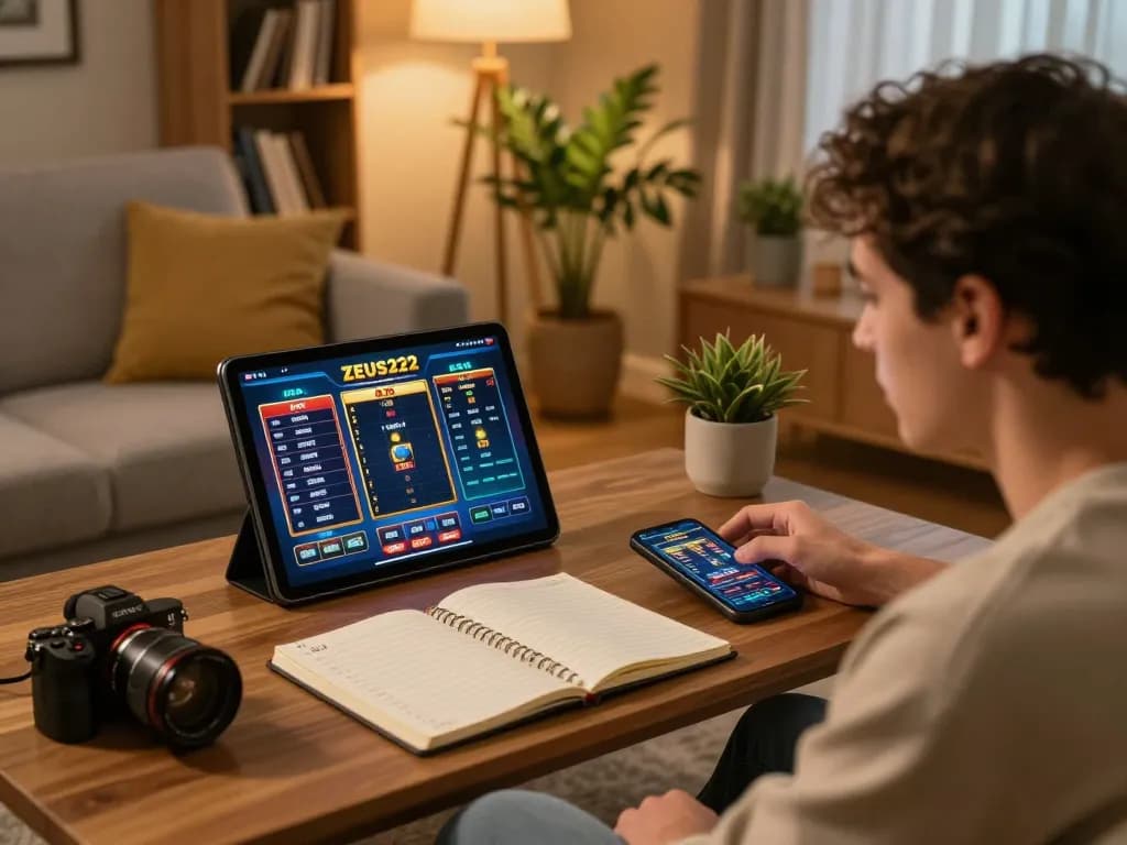 Player engaging with ZEUS222 slot games on a tablet in a cozy home setting, promoting responsible gaming.