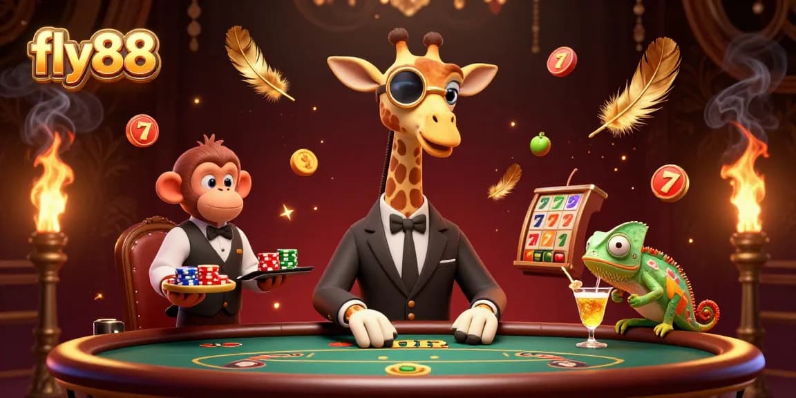 Engage with fly88's vibrant, high-stakes casino scene featuring a giraffe in a suit, showcasing winning slots.