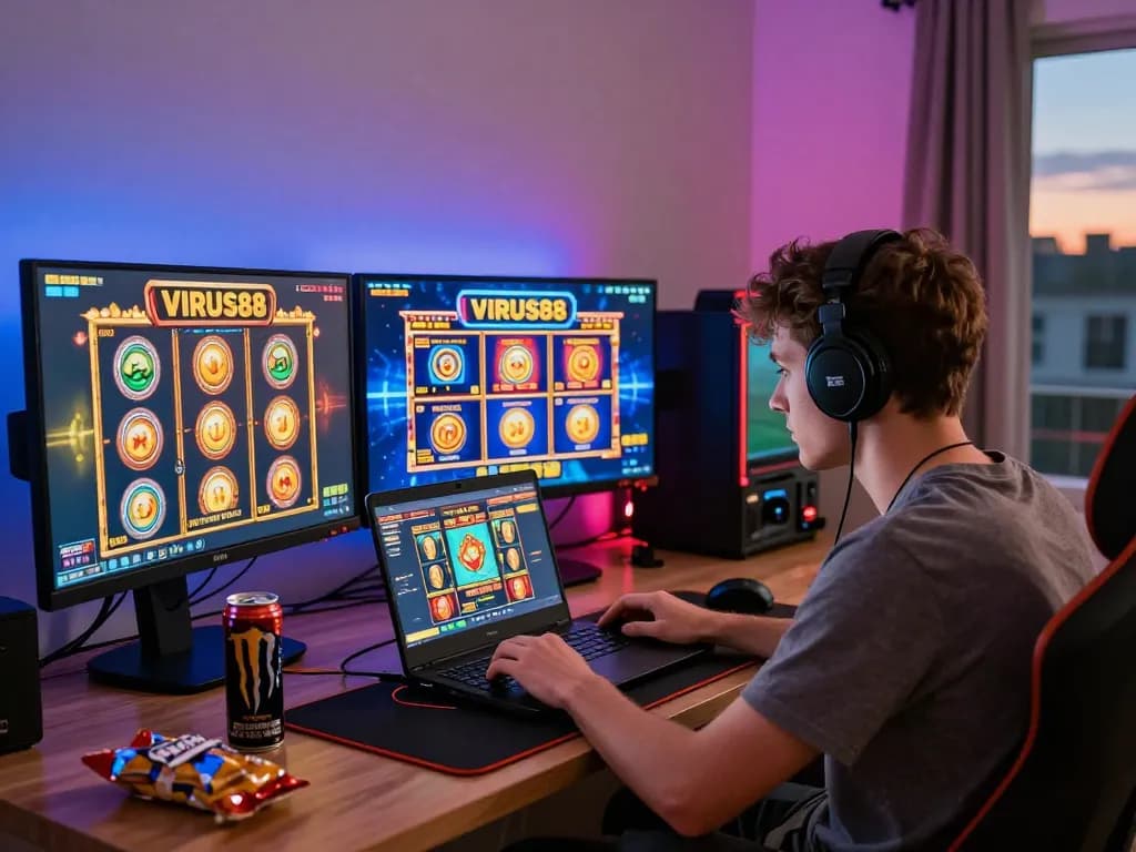 Pengalaman bermain yang menarik di platform slot online VIRUS88 dengan visual yang cerah dan camilan.