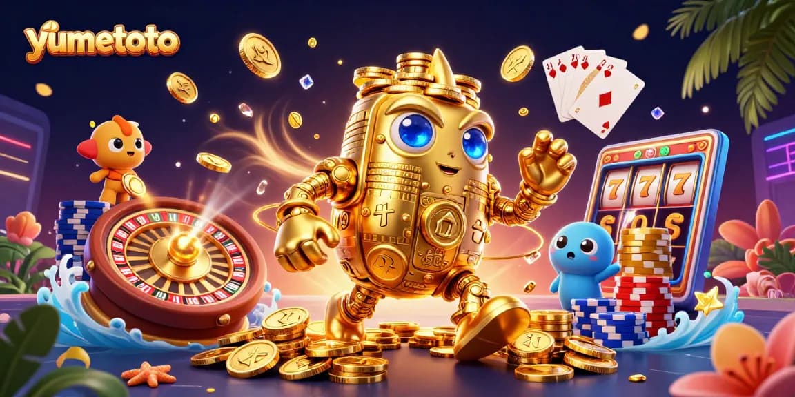 Spin to win at yumetoto with vibrant 3D illustrations of golden golems and dazzling casino elements.