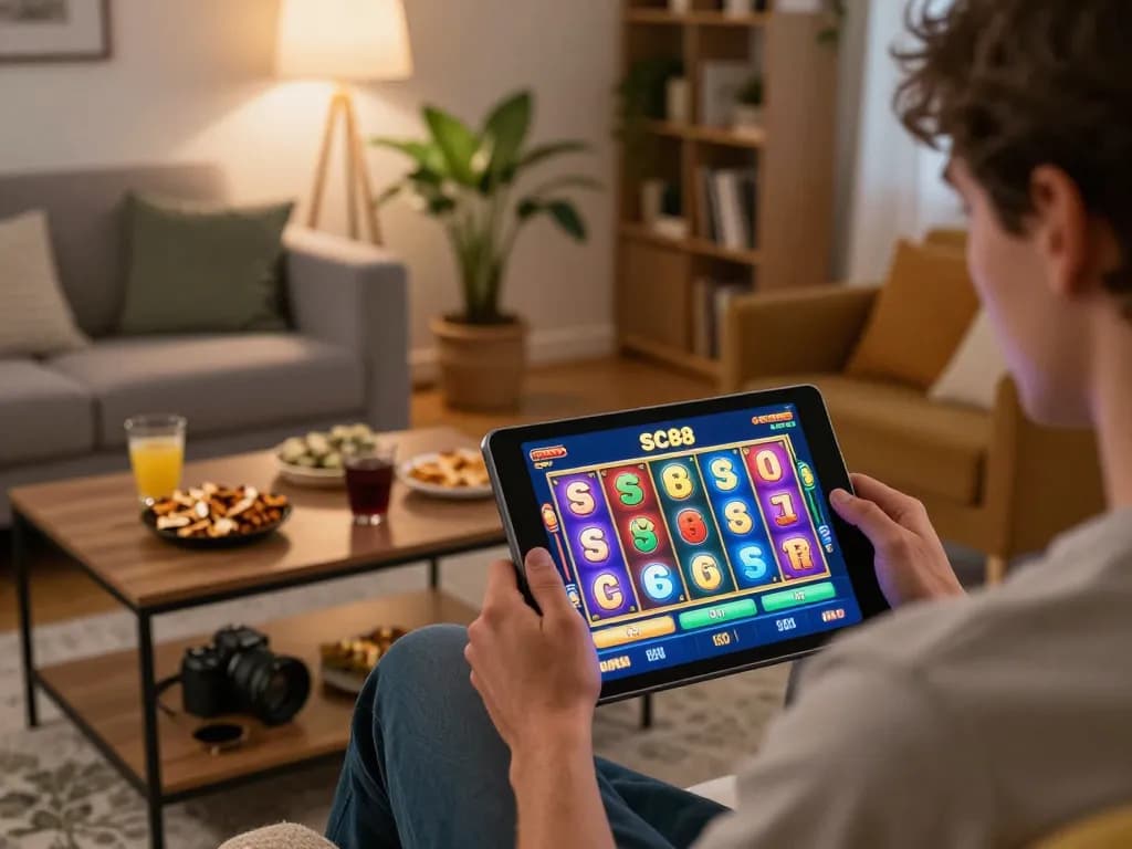 Engaging in SC88 online slot gaming from home, showcasing vibrant casino experience and personalized decor.