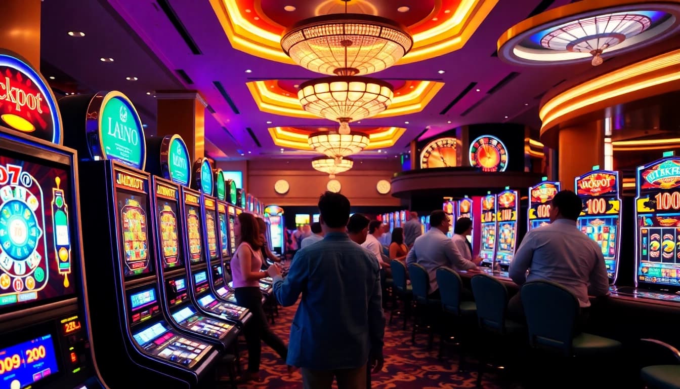 Engaging players at slot machines, showcasing link alternatif slot excitement in a vibrant casino.