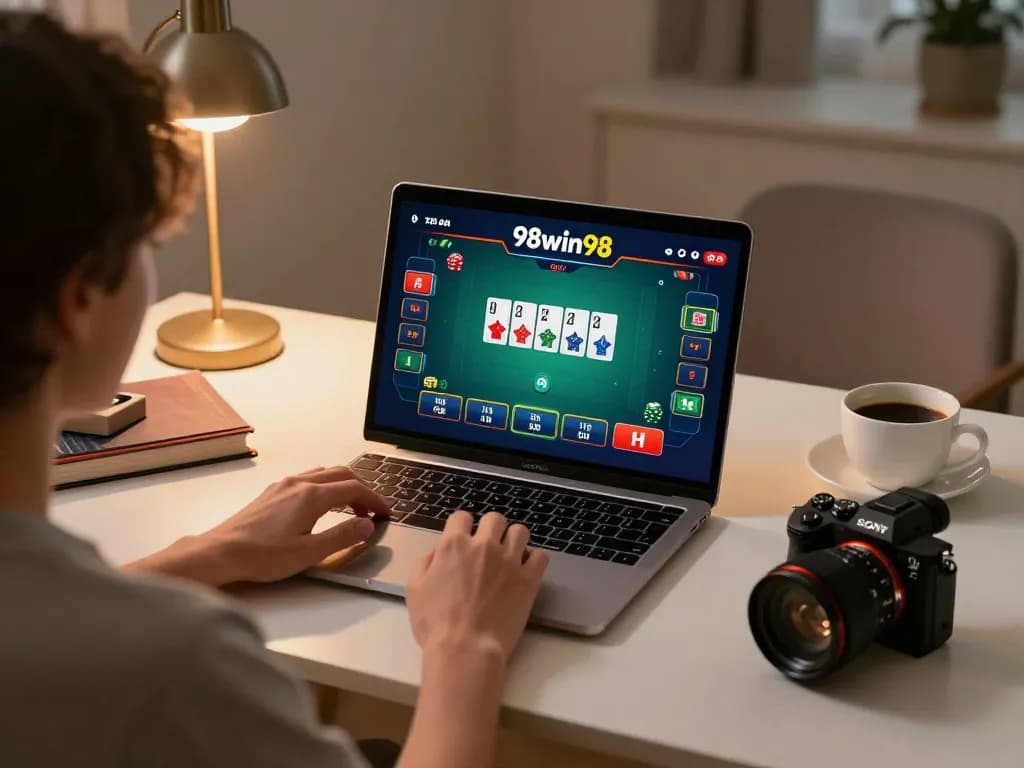 Engaging in live poker online with 98win98 on a laptop in a cozy home setup.