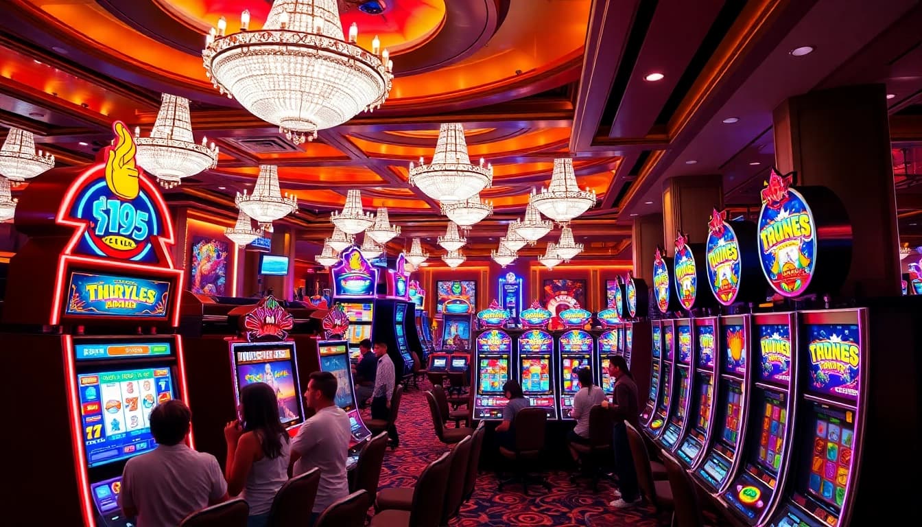 Permainan slot yang menarik di kasino mewah, menampilkan pemain yang antusias.