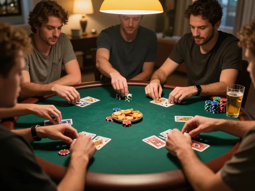Jangkar55 players strategizing during a lively home poker night with vibrant gameplay atmosphere.