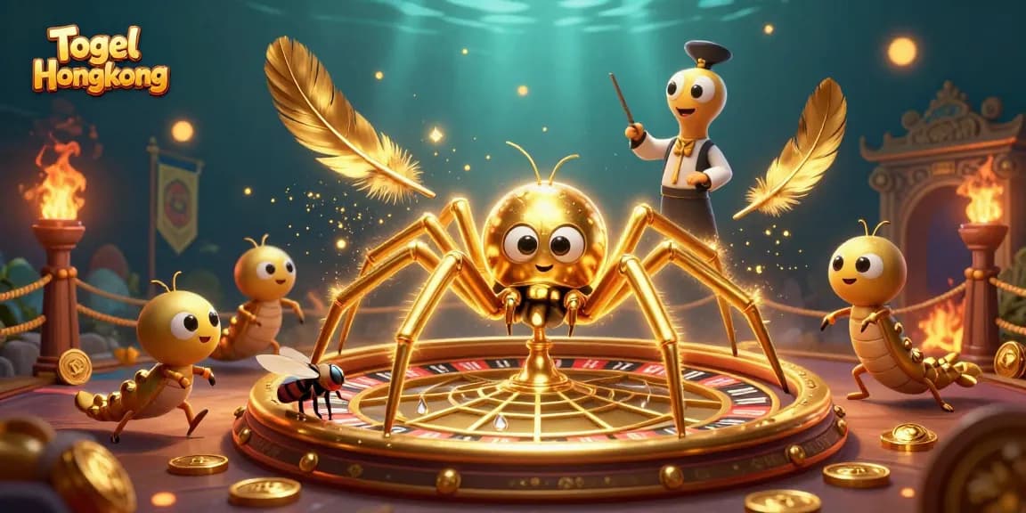 Engage in Togel Hongkong as a golden spider spins a roulette wheel web full of vibrant betting elements.
