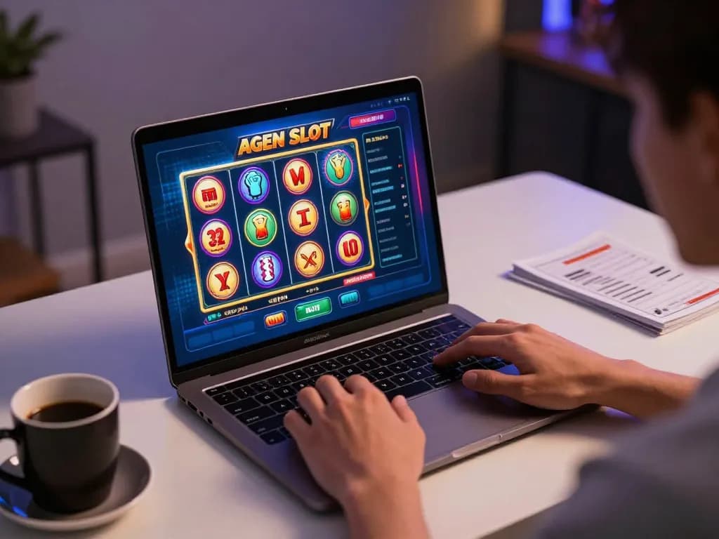Engaging in Agen Slot online gameplay at a modern desktop setup with vibrant visuals.