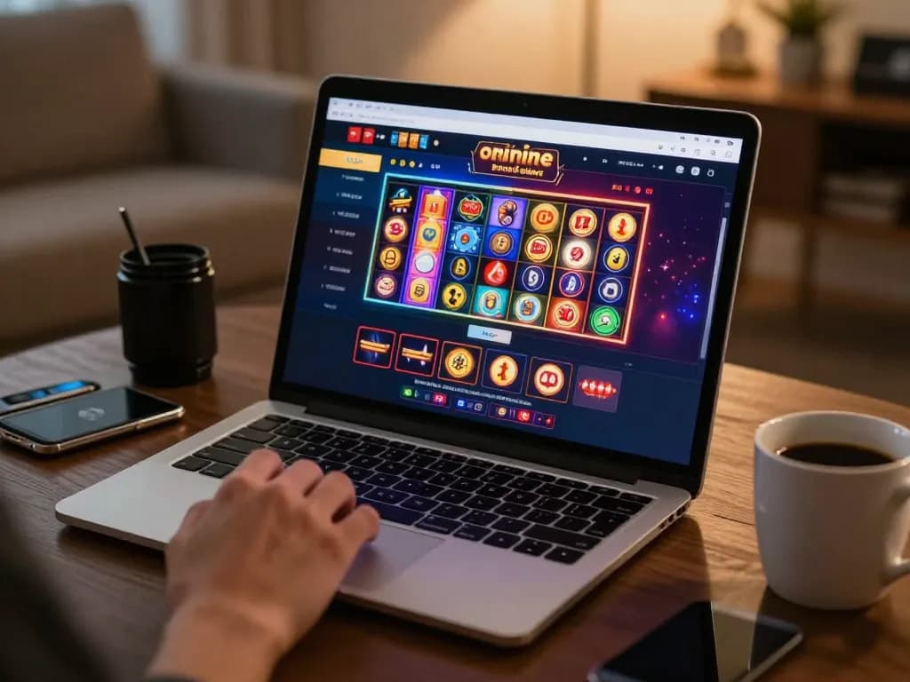 Engaging online gaming scene featuring UGDEWA slot machines on a laptop screen, inviting atmosphere of responsible gambling