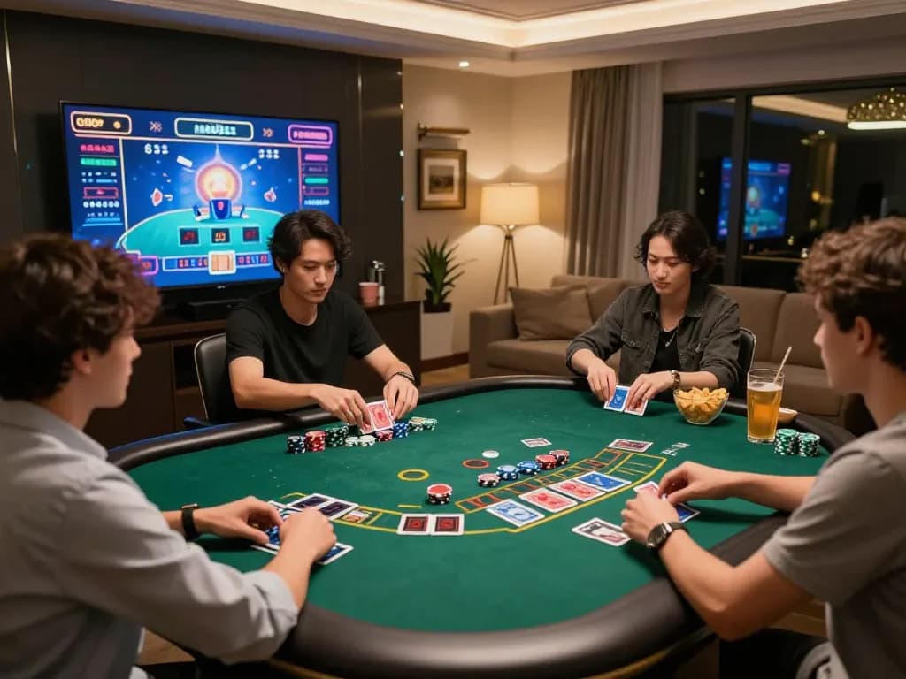 Players enjoying the online baccarat experience with link sepuhplay at their home gaming table, showcasing chips and live dealer action.