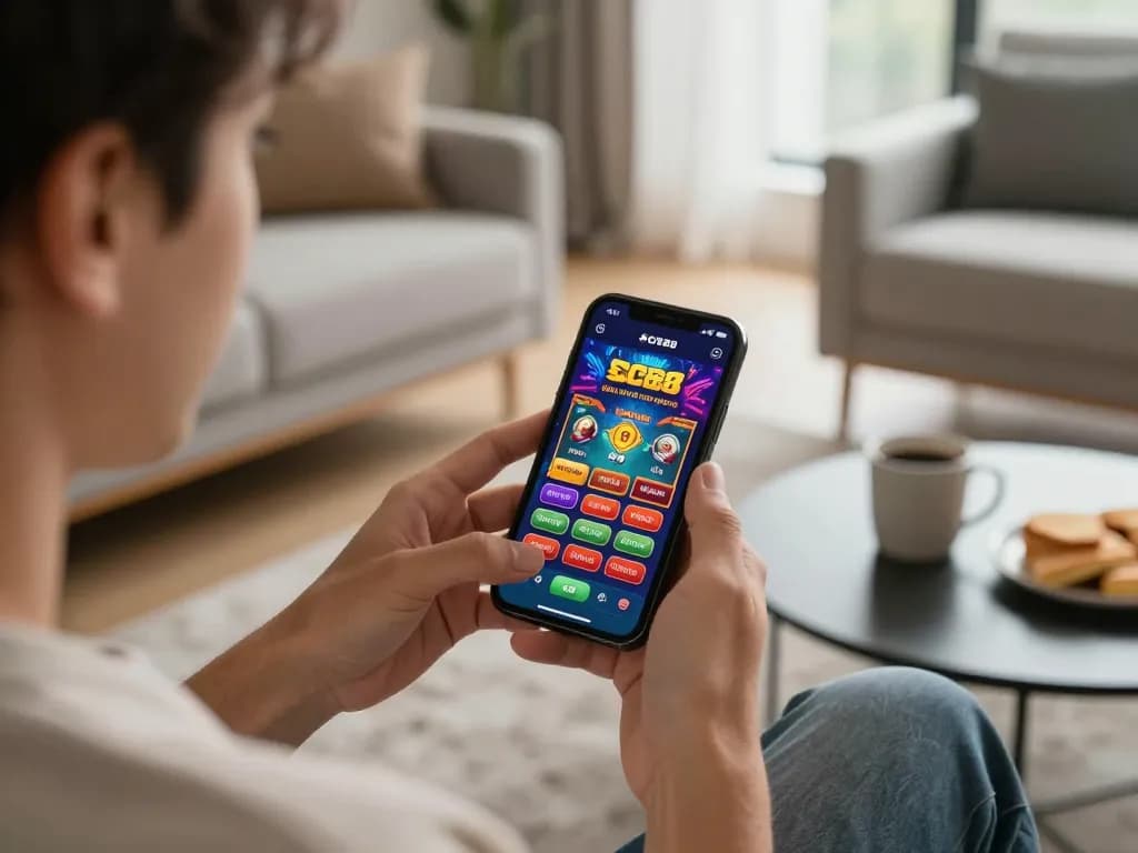 Engaging gameplay on the SC88 app with smartphone in hand, showcasing vibrant casino graphics.