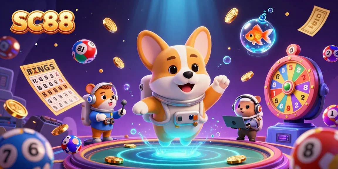 Engage in thrilling winnings with SC88's vibrant casino adventure featuring floating characters.