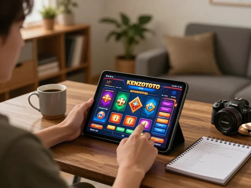 momen menarik seorang pemain menggunakan KENZOTOTO di tablet dengan antarmuka kasino online yang berwarna-warni