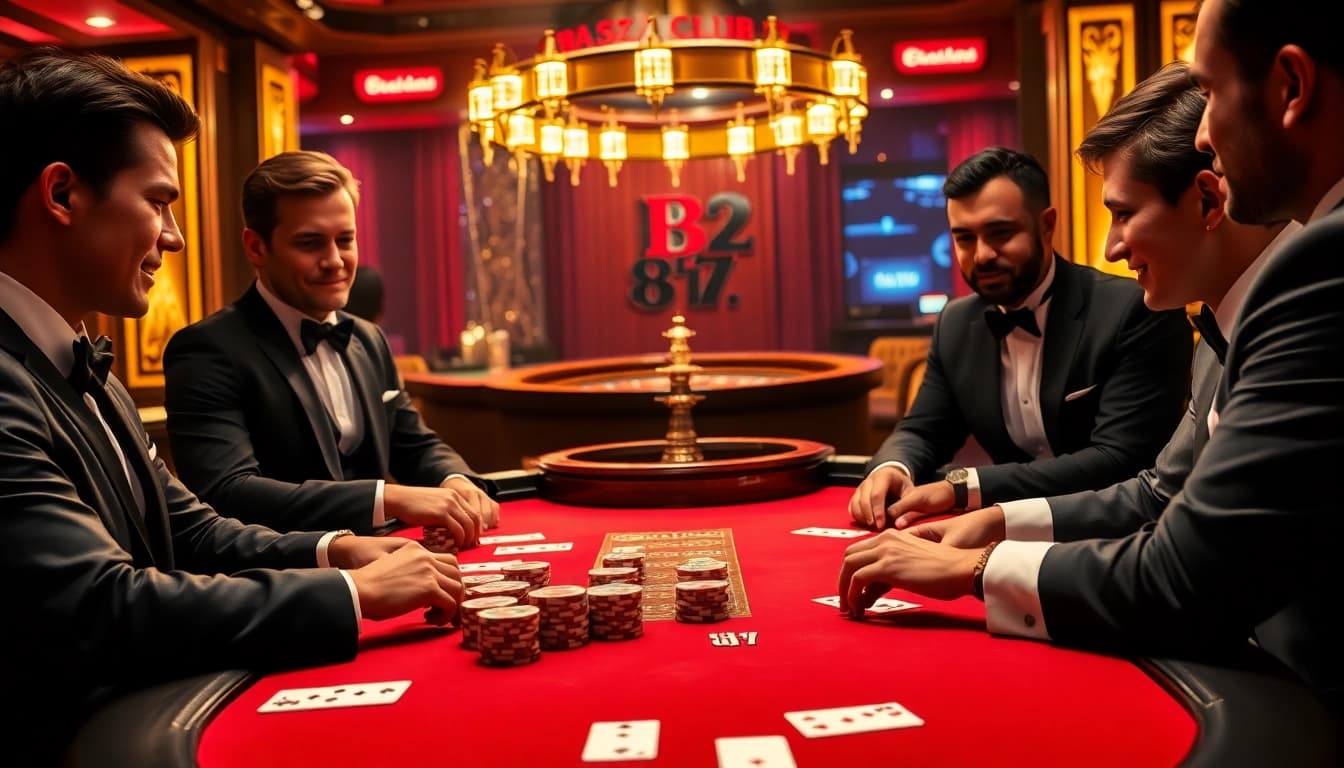 B52 Club players engaging in an exciting poker game at a luxurious casino table.