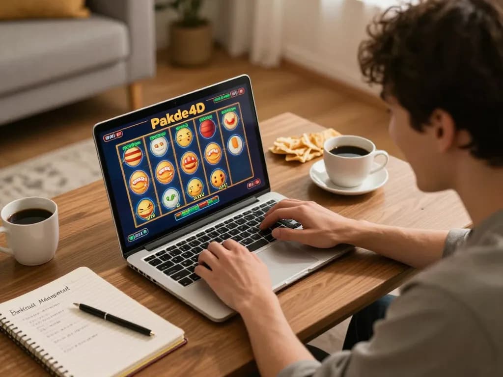 Engaging in the Pakde4D slot game with a celebratory vibe at home, showcasing responsible gaming