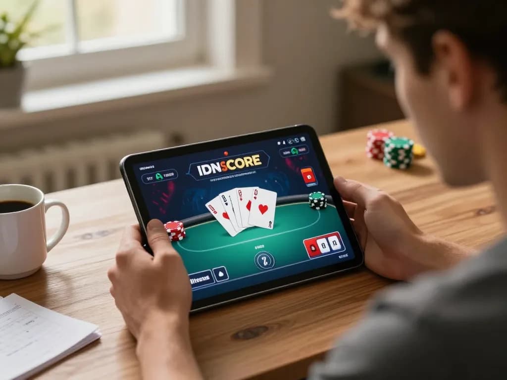 IDNSCORE player engaging with online poker game, showcasing strategy and home gaming atmosphere