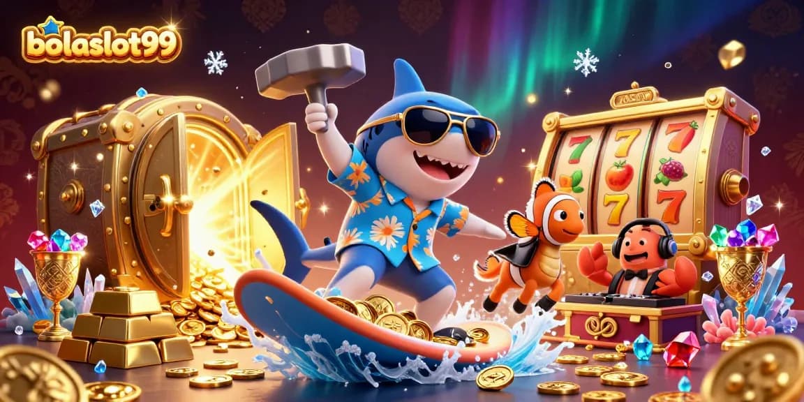 Experience the thrill of bolaslot99 with vibrant characters amidst gold and jewels.
