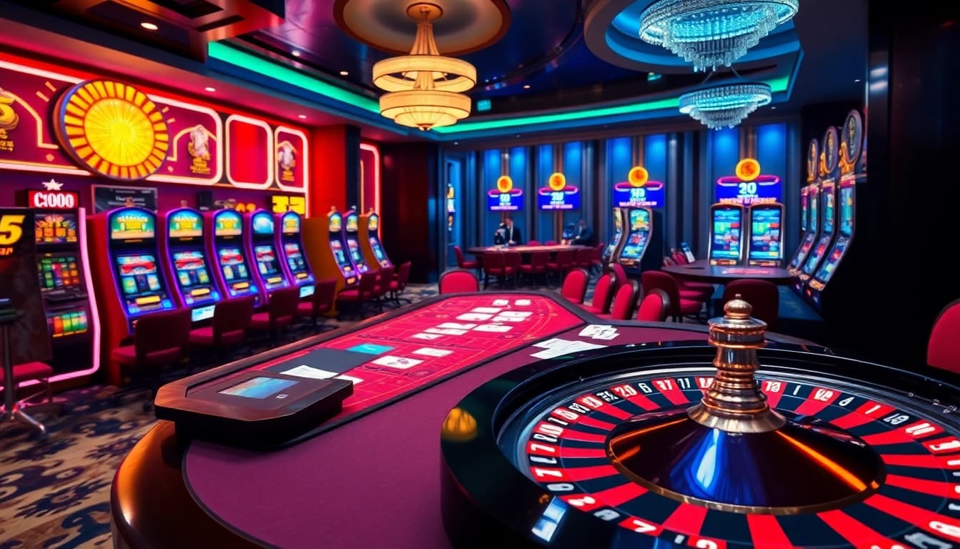 Experience tỷ lệ cá cược excitement at a luxury casino with tables, roulette, and vibrant lights.