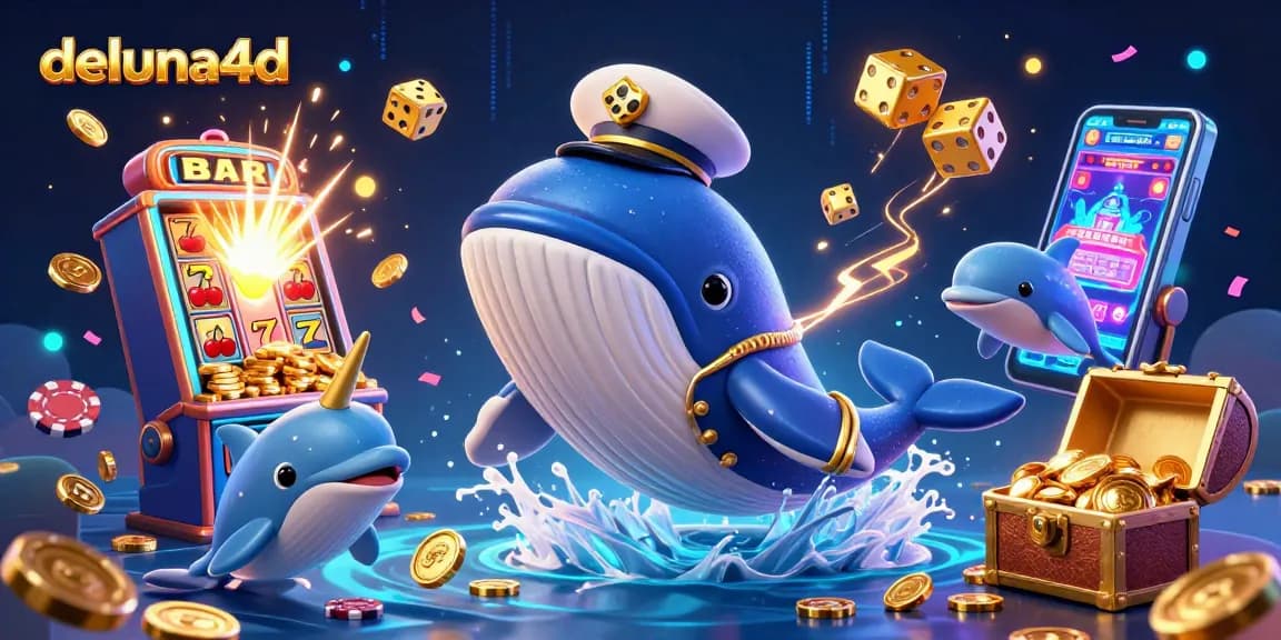 Experience winning thrills with deluna4d, featuring a whale breaching amidst a jackpot explosion of coins and casino games.