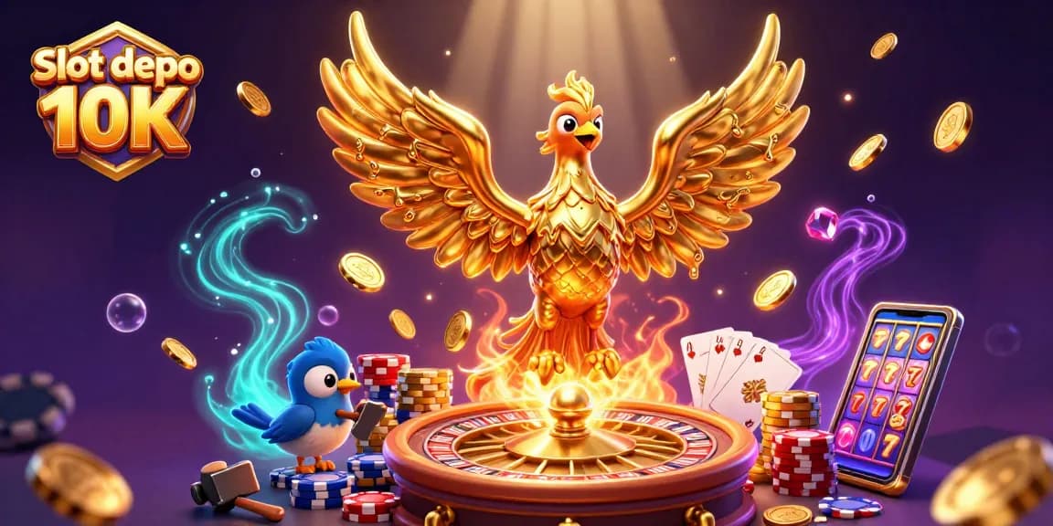 Exciting Slot depo 10K scene with a phoenix and winning symbols in a vibrant casino setting