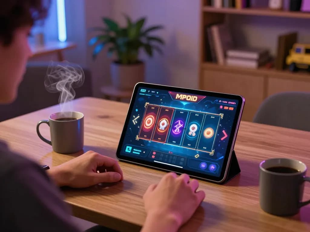 MPOID game interface displayed on tablet during engaging online gaming session at home.