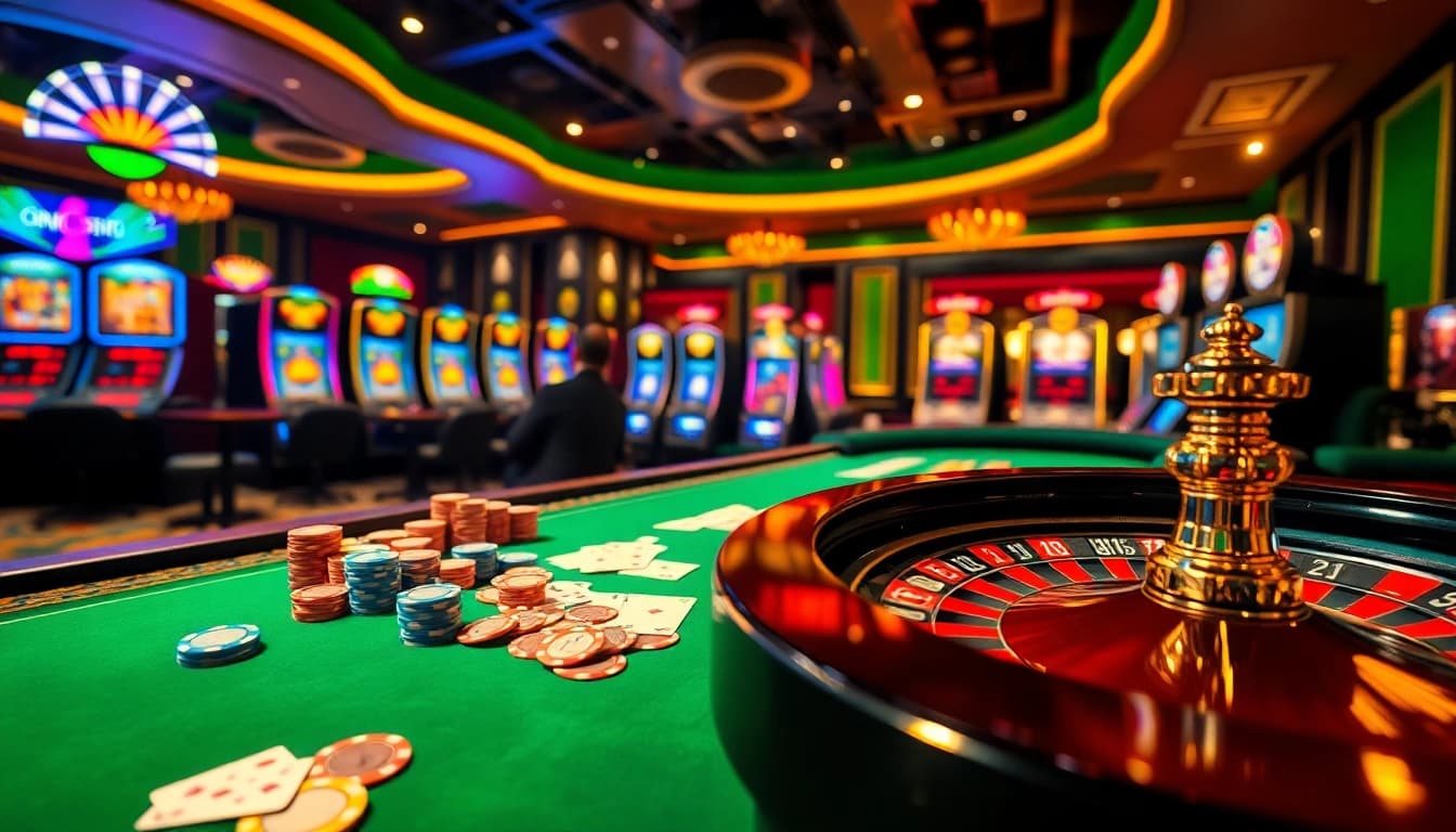 Experience the thrill of GO8 gaming with vibrant casino tables filled with chips and cards.