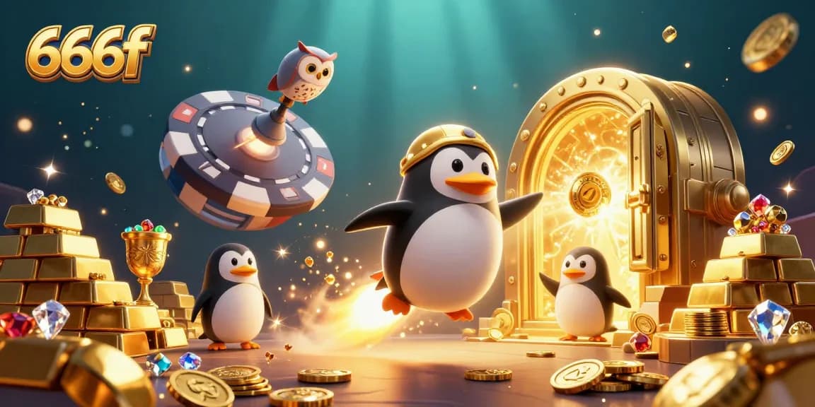 Experience the thrill of 666f gaming as a golden penguin soars past a cosmic poker chip casino.